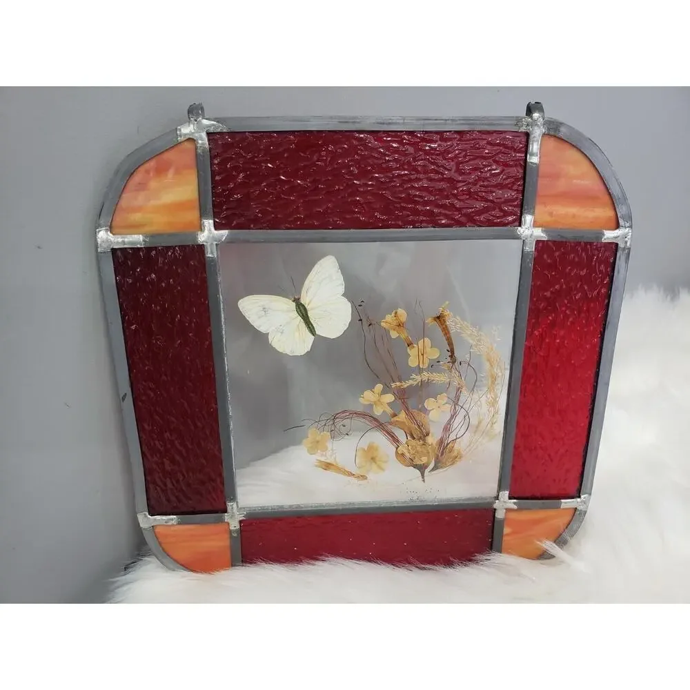 Vintage Real Butterfly Dried Pressed Flower Stained Glass Sun Catcher Decor Boho